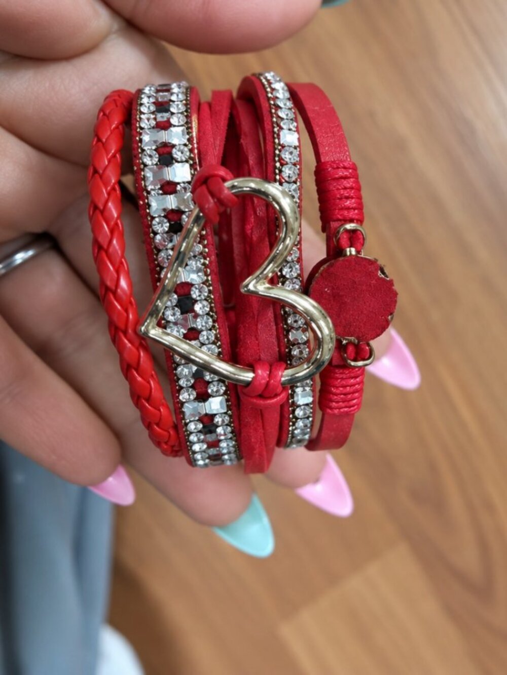 Red Rhinestone Multi-Strand Wrap Bracelet with Gold Heart & Magnetic Clasp